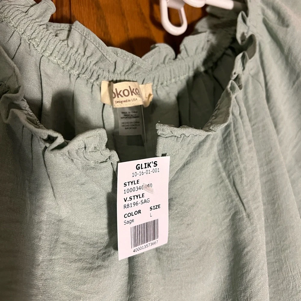 Rokoko Women's Sage Green Ruffle Blouse Large NWT - Picture 2 of 5